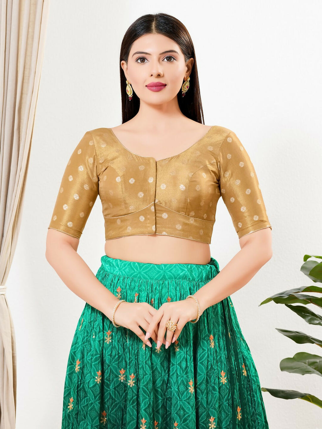 Joban Fashion Gold Tissue Padded Blouse With Round Neck Elbow Sleeves | Grocsy