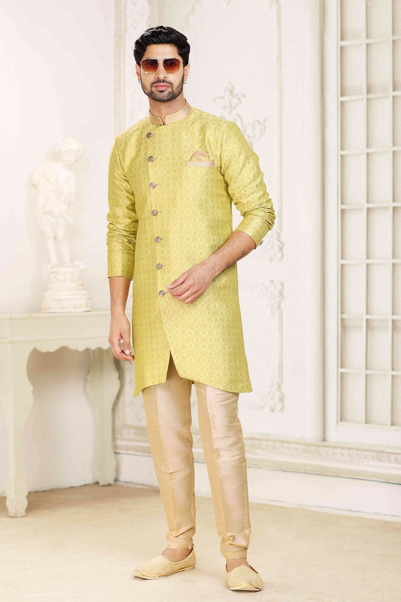 Raivat Ethnic Banarasi Jacquard Embroidery Semi Indo Western Sherwani In Lemon Yellow Colour | Grocsy