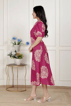 Miravan Womens Pink Printed Collar Neck Short Puff Sleeves Cotton A-Line Maxi Dress | Grocsy