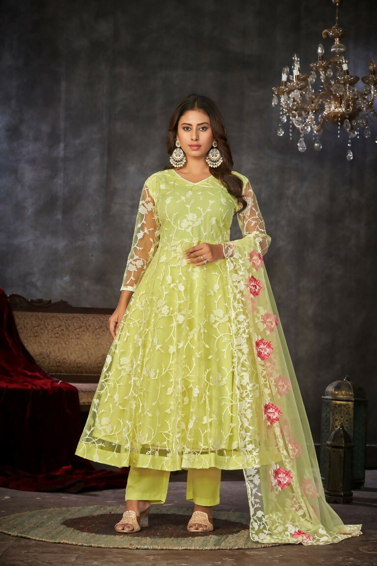 Jyoti Fashion Women's Pista Net Embroidered Anarkali Kurta Pant Set With Dupatta | Grocsy