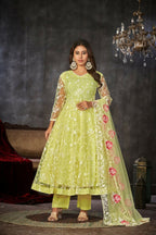 Jyoti Fashion Women's Pista Net Embroidered Anarkali Kurta Pant Set With Dupatta | Grocsy
