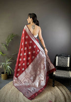 Joban Fashion Maroon Floral Motifs Soft Silk Banarasi Saree | Grocsy