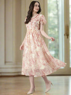 Souchii Cream & Red Floral Printed Fit & Flare Dress | Grocsy