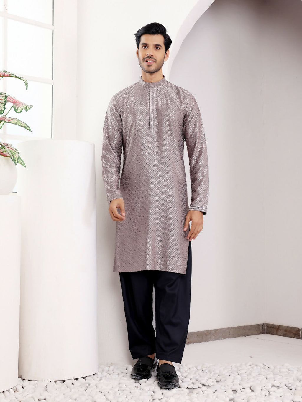 Grey Viscose Designer Chikankari Embroidery Work Men's Kurta - Mahotsav | Grocsy