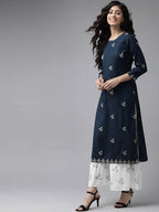 Yufta Women Navy Blue & White Embroidered Kurta with Palazzo & Dupatta | Grocsy