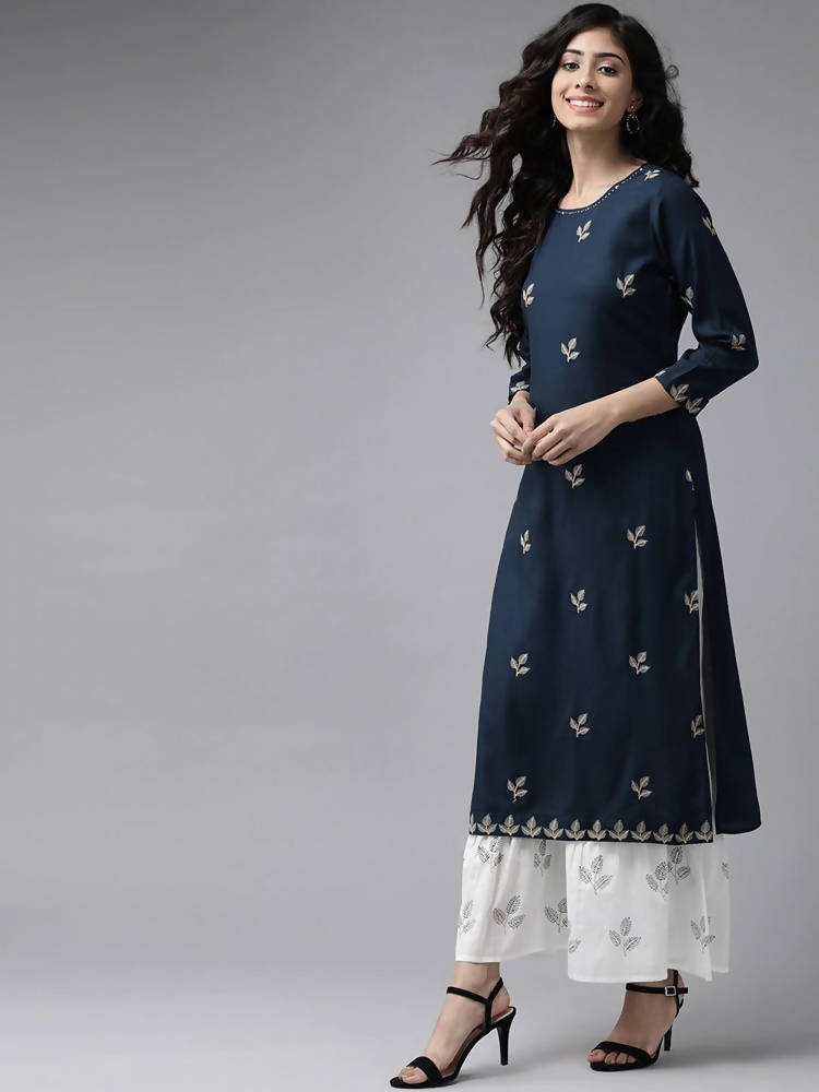 Yufta Women Navy Blue & White Embroidered Kurta with Palazzo & Dupatta | Grocsy