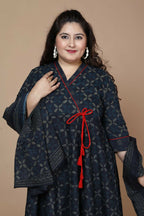 Miravan Women's Plus Size Abstract Printed & Tasseles Angrakha Kurta With Blue Dupatta Set | Grocsy