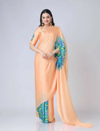 Vastranavya Peach Peacock Print Free Hand Ready to Wear Saree | Grocsy