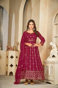 Jyoti Fashion Women's Rani Pink Georgette Embroidered Anarkali Kurta Pant Set With Dupatta | Grocsy