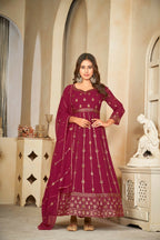 Jyoti Fashion Women's Rani Pink Georgette Embroidered Anarkali Kurta Pant Set With Dupatta | Grocsy