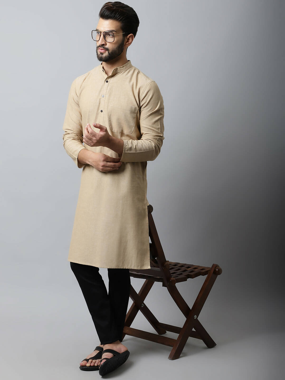 Even Apparels Beige Color Pure Cotton Men's Kurta With Band Collar (SLD1196) | Grocsy