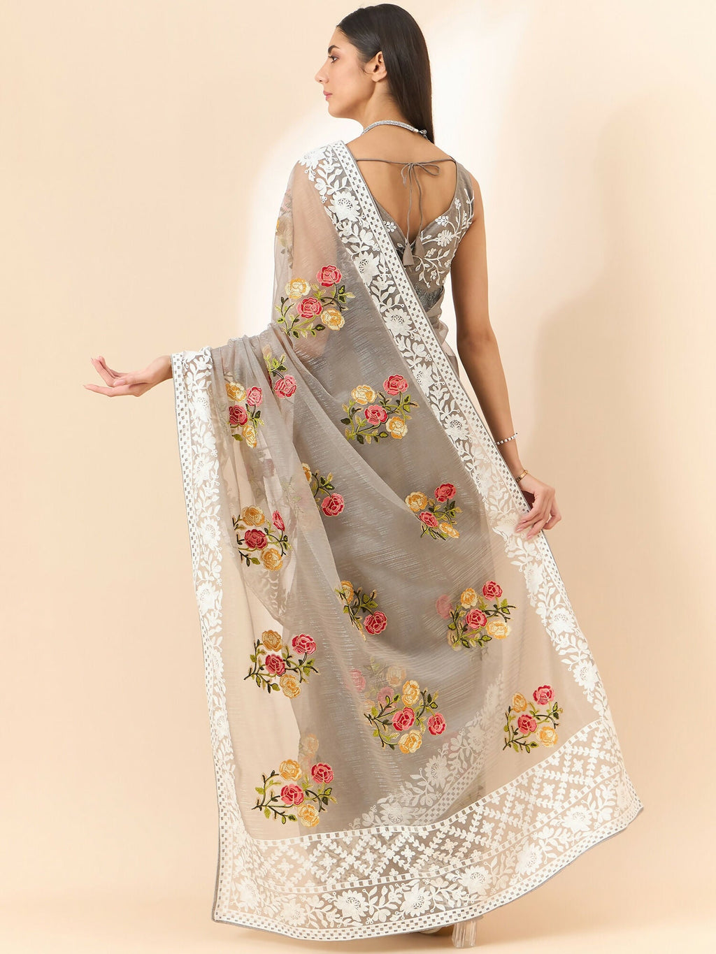 Grey Organza Floral Embroidered Saree with Unstitched Blouse Piece - Roozal | Grocsy
