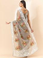 Grey Organza Floral Embroidered Saree with Unstitched Blouse Piece - Roozal | Grocsy