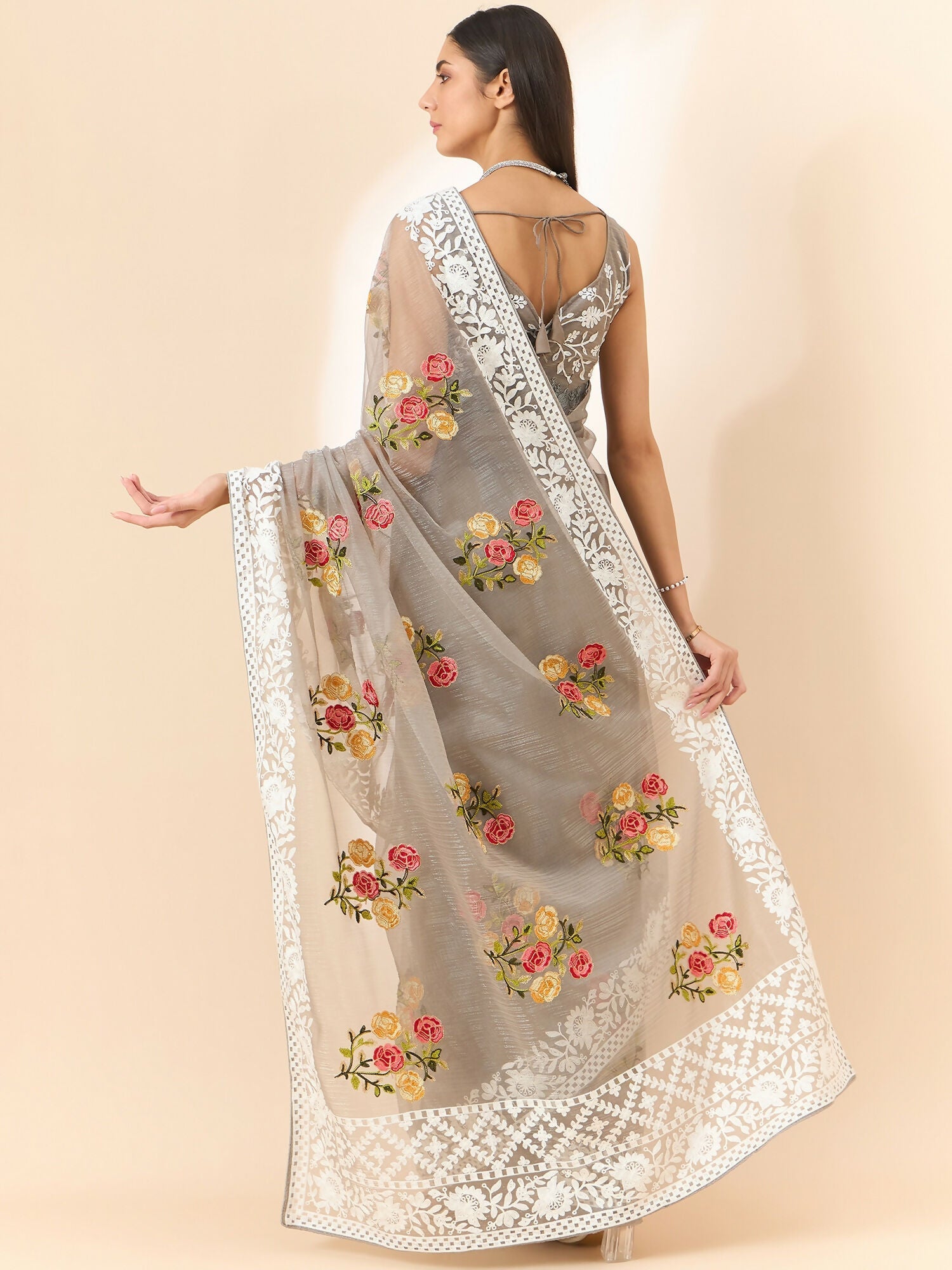Grey Organza Floral Embroidered Saree with Unstitched Blouse Piece - Roozal | Grocsy