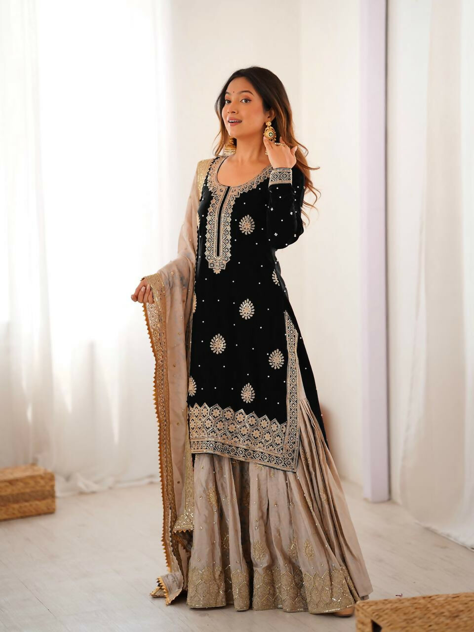 Lehenga Mart Designer Sharara Suit With Kurta, Sharara, Dupatta For Women-Black | Grocsy