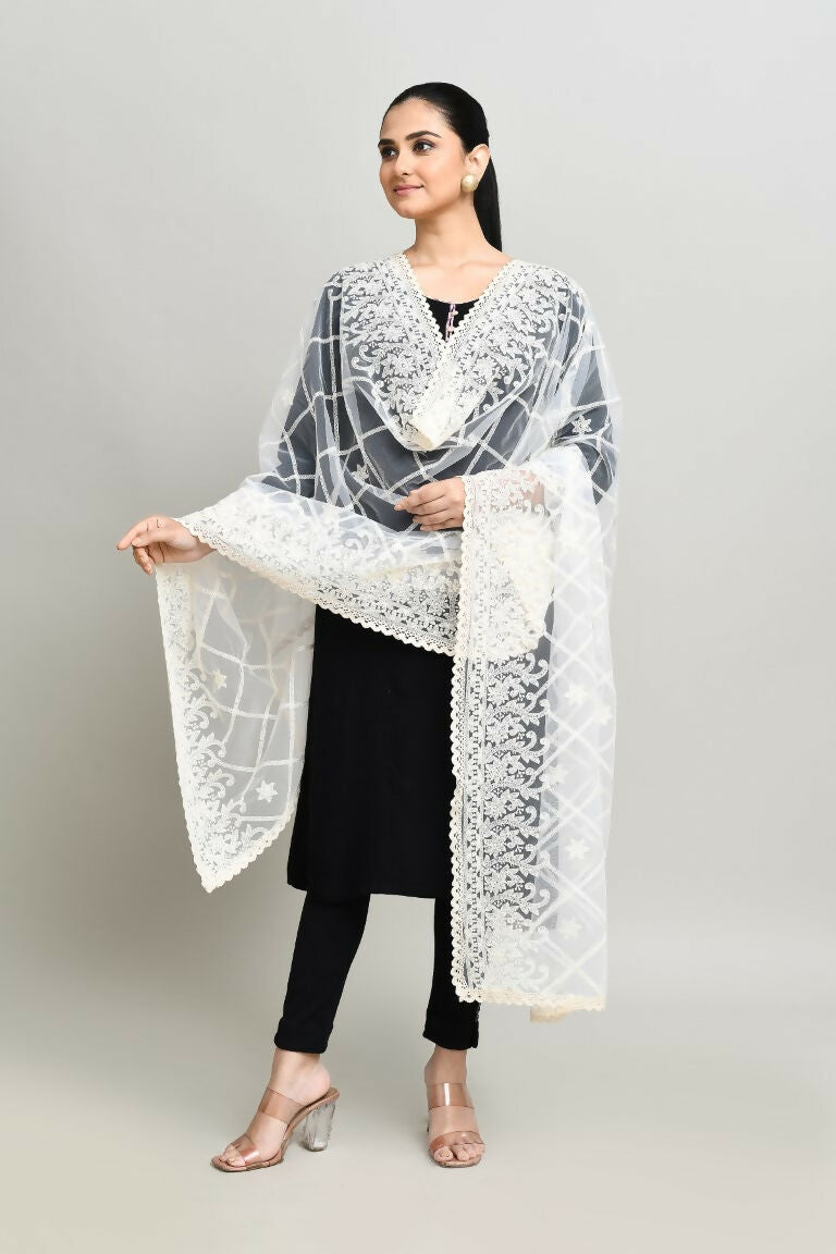 Joban Fashion White Cotton Embroidery Work Pakistani Karanchi Dupatta | Grocsy