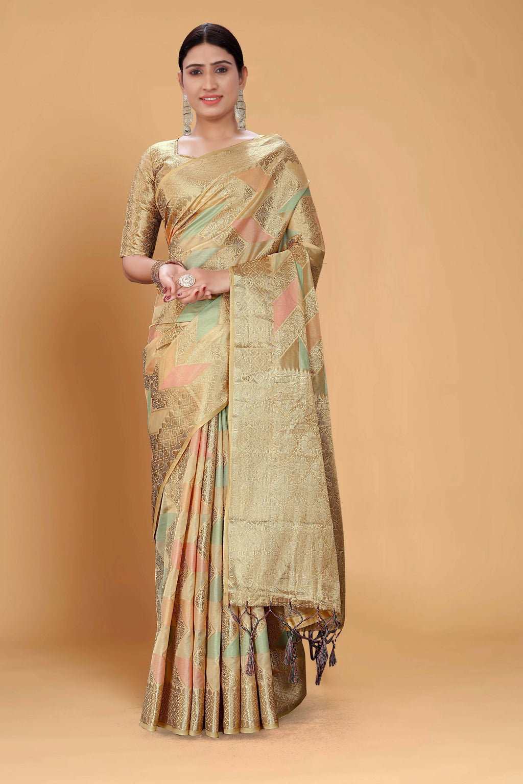 Beige Soft Organza Woven Design Saree With Unstitched Blouse Piece - Zaara | Grocsy