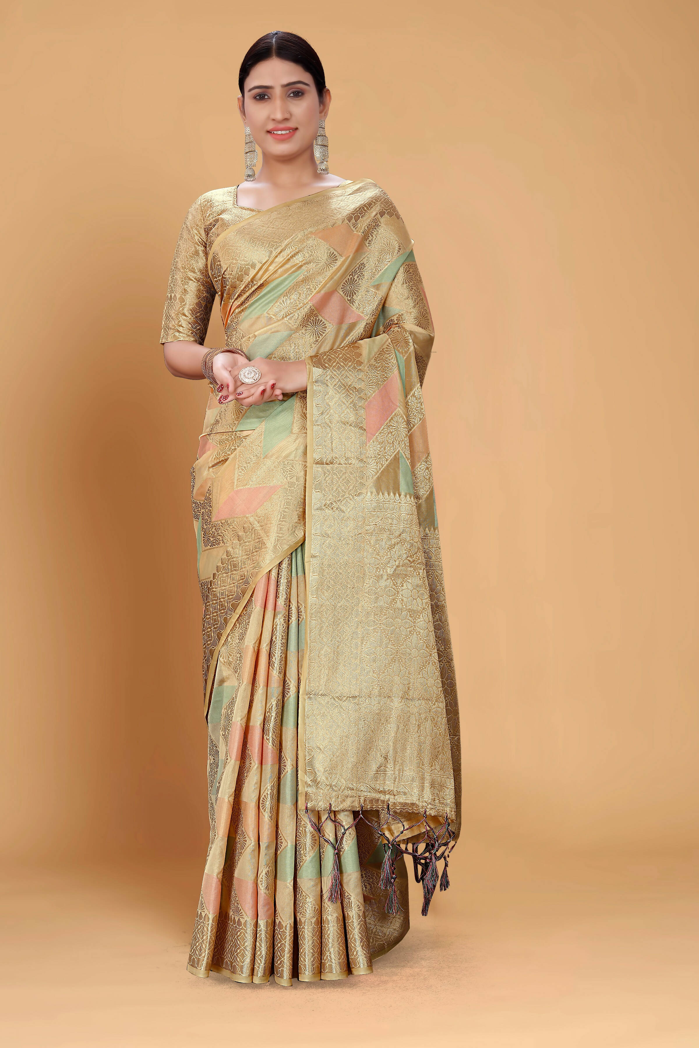 Beige Soft Organza Woven Design Saree With Unstitched Blouse Piece - Zaara | Grocsy