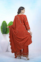 Teeya Creation Dark Orange Color Natural Crepe Silk Wedding Wear Trending Salwar Suit | Grocsy