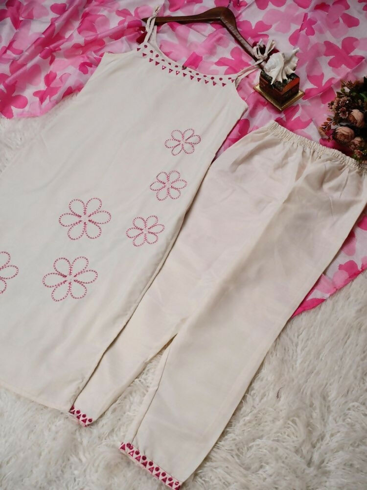 Teeya Creation Women’s Straight Cotton Kurta Pant Set with Floral Organza Dupatta Set | Grocsy