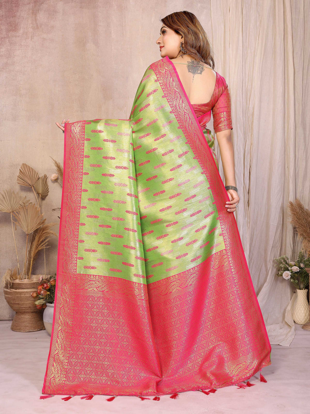 Aastha Fashion Pista Green Tissue Silk Paithani Woven Saree | Grocsy