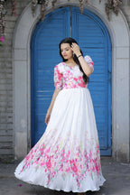 Jyoti Fashion Women's White Floral Digital Printed Chinon Anarkali Dress | Grocsy