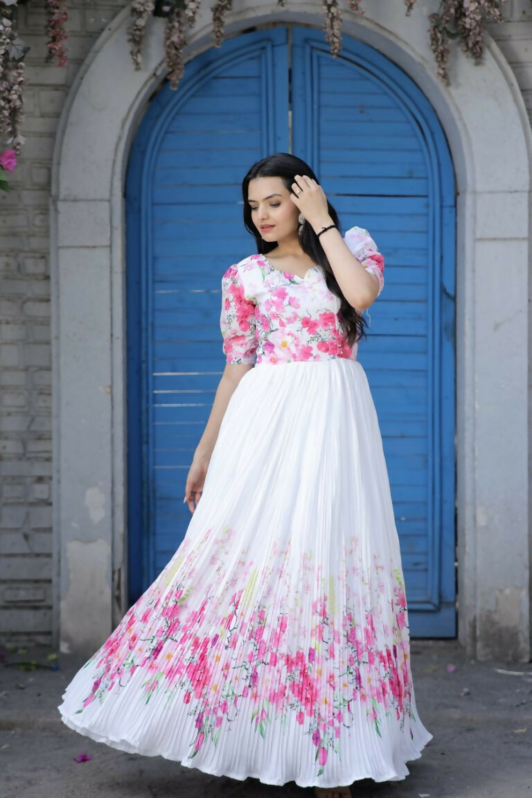 Jyoti Fashion Women's White Floral Digital Printed Chinon Anarkali Dress | Grocsy
