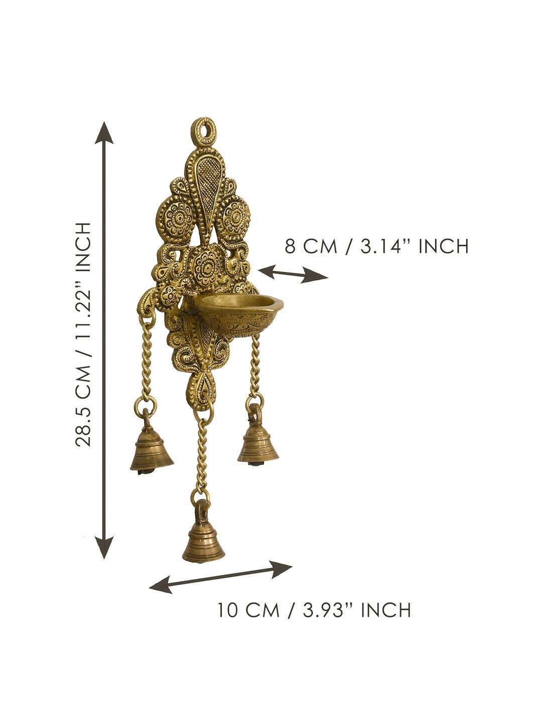 eCraftIndia Gold-Toned Handcrafted Antique Finish Diya with Bells Decorative Wall Hanging Showpiece | Grocsy