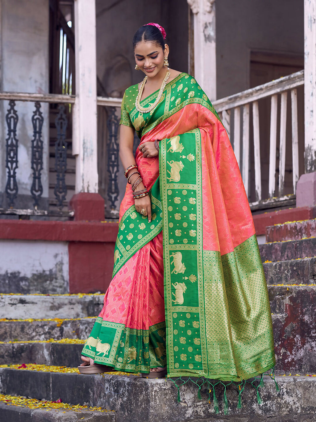 Shree Shyam Fashion Peach Soft Silk Saree | Grocsy