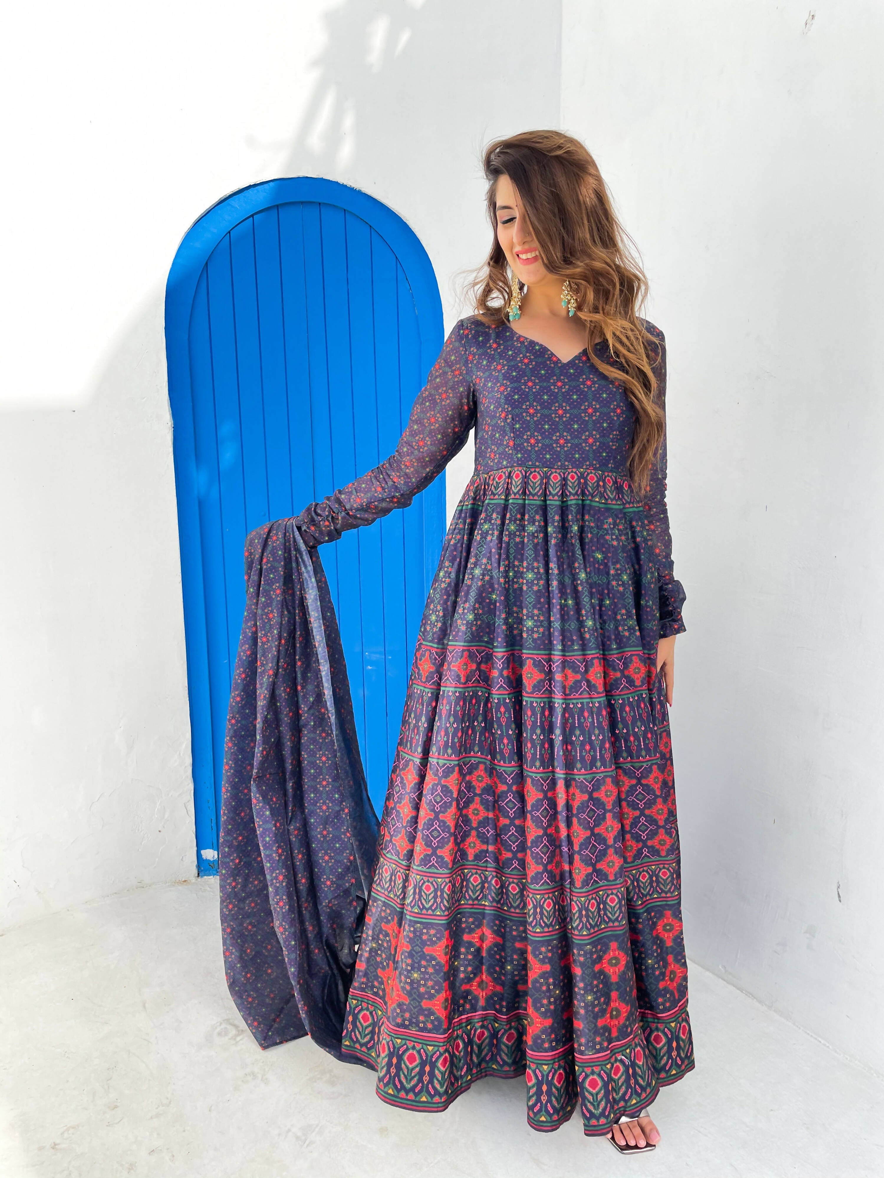 Partywear Designer Blue Chanderi Suit - Anbazaar | Grocsy