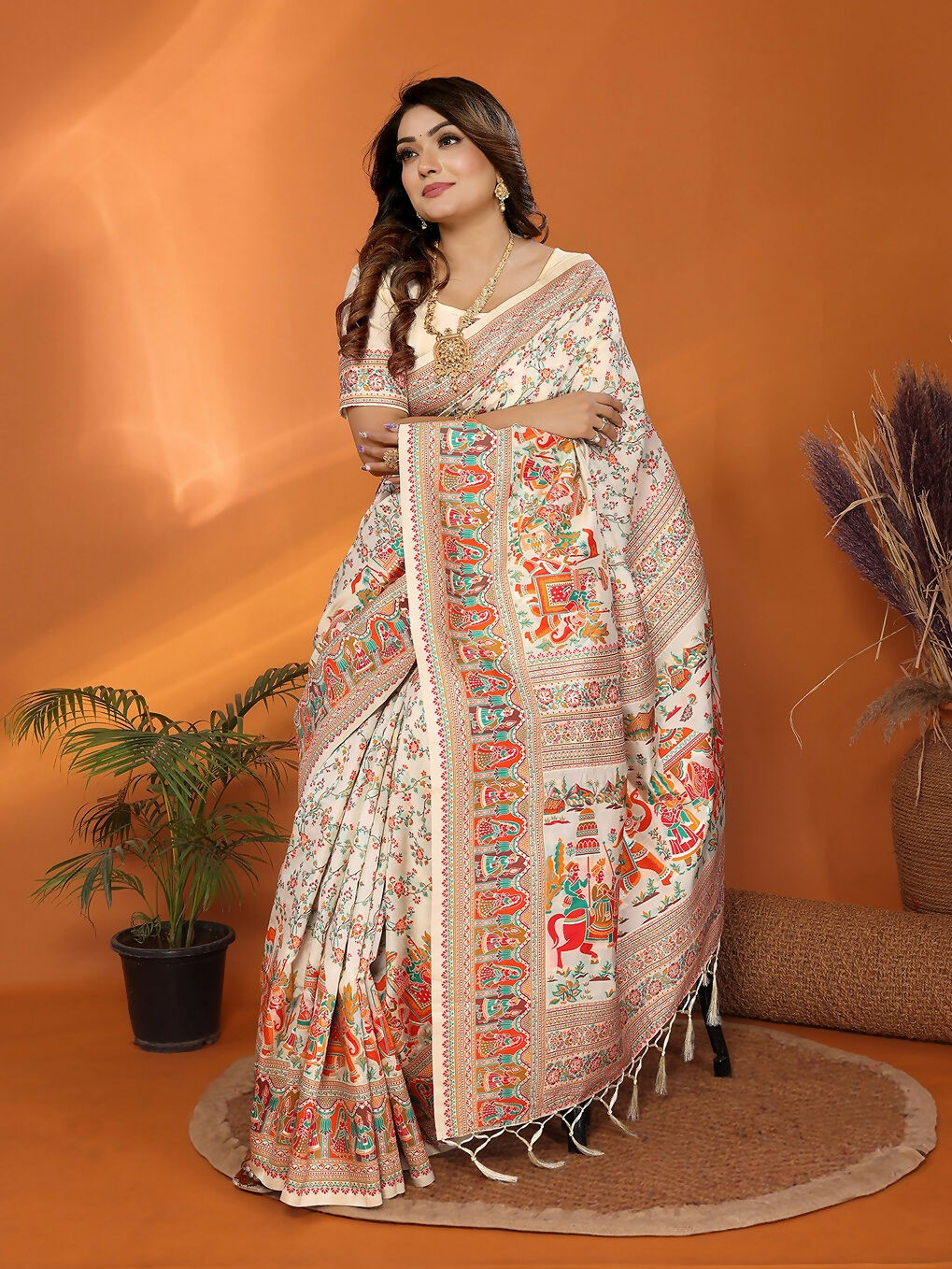 Joban Fashion Off White Meena Weaves Pashmina Sarees | Grocsy
