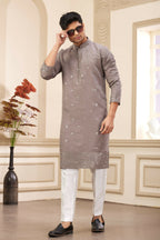 Raivat Ethnic Men's Art Silk Thread Work Kurta Pyjama In Brown Colour | Grocsy