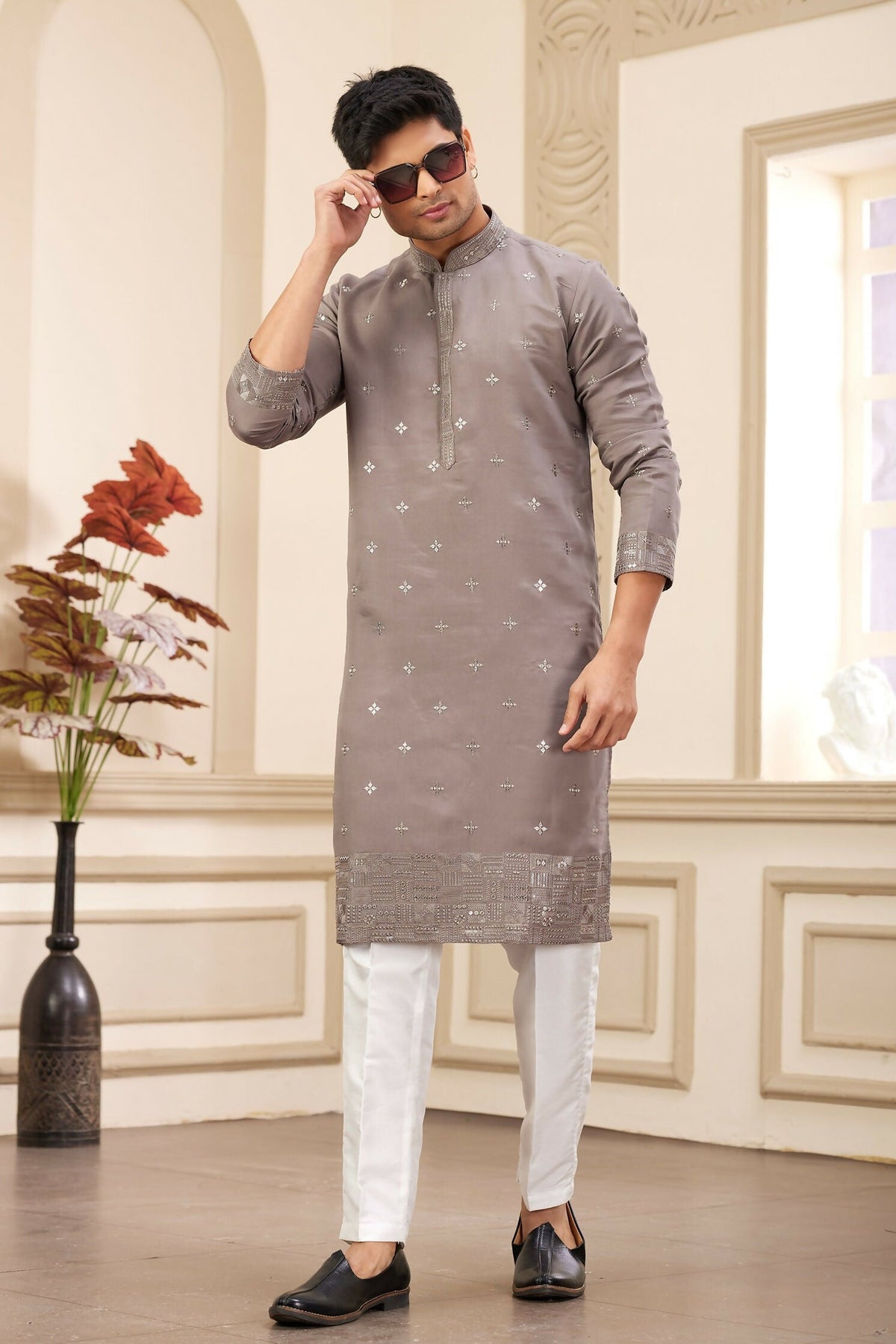 Raivat Ethnic Men's Art Silk Thread Work Kurta Pyjama In Brown Colour | Grocsy
