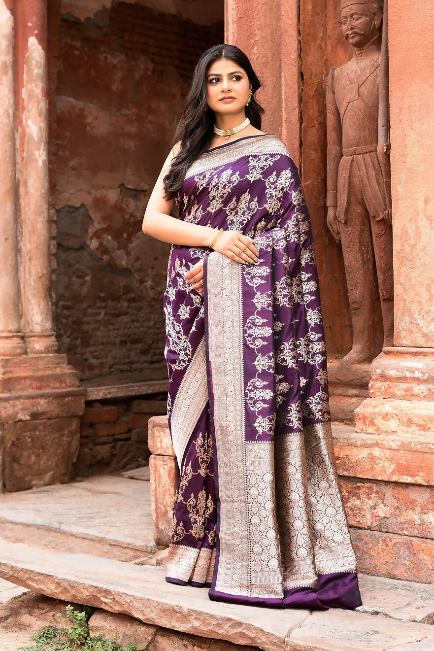Joban Fashion Purple Pure Katan Pure Handloom Banarasi Silk Saree | Grocsy