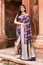 Joban Fashion Purple Pure Katan Pure Handloom Banarasi Silk Saree | Grocsy