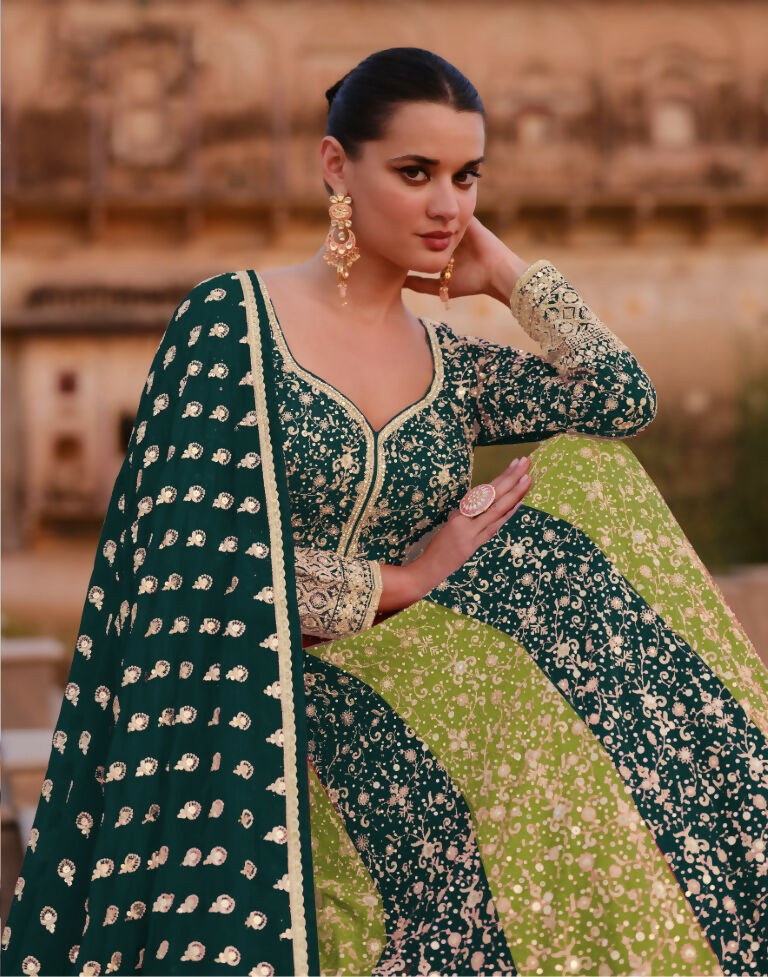 Vastranavya Teal Green Embroidered Sequence work Georgette Anarkali Suit | Grocsy