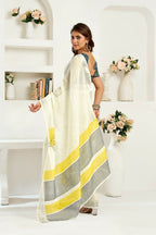 Joban Fashion Off-White Striped Linen Ready To Wear Saree With Unstitched Blouse | Grocsy