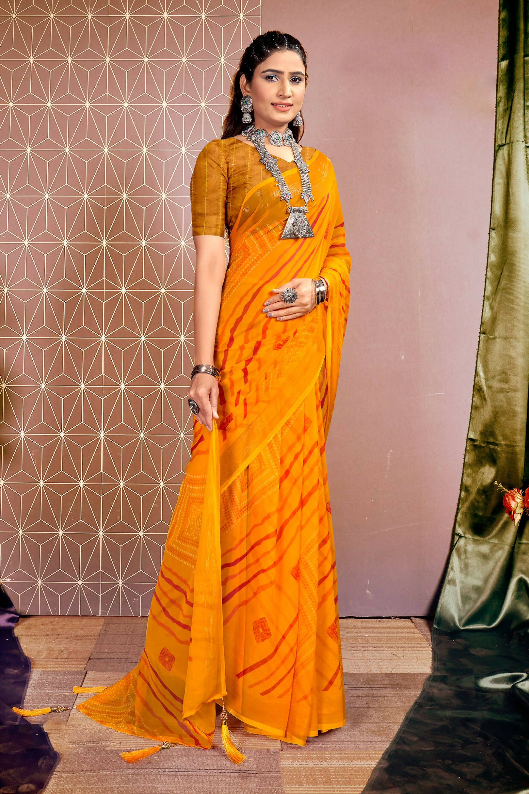 Mustard Chiffon Leheriya Printed Saree With Unstitched Blouse Piece - Shanaya | Grocsy