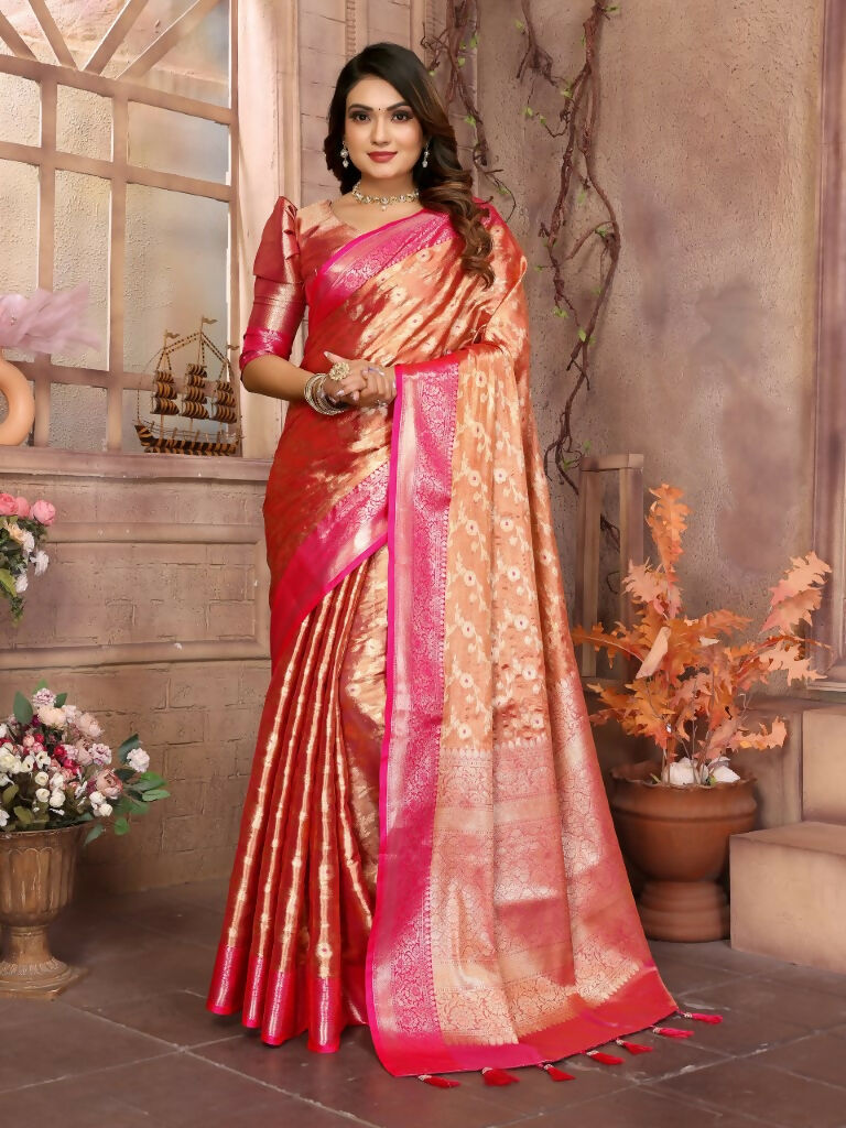 Anaita Orange Tissue Silk With Zari Weaving Saree With Blouse | Grocsy