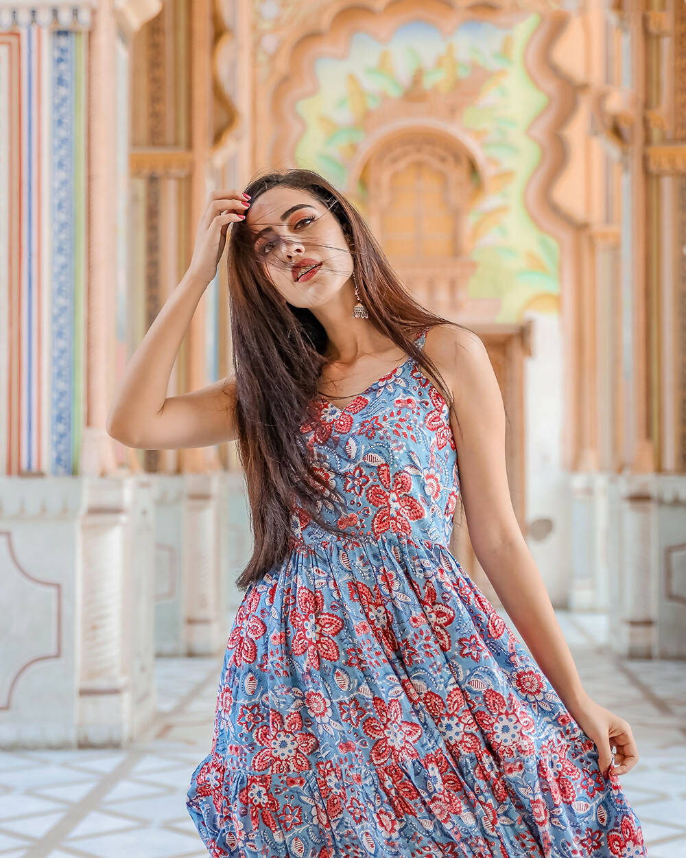 Designer Partywear Printed Blue Pure Maslin Gown - Anbazaar | Grocsy