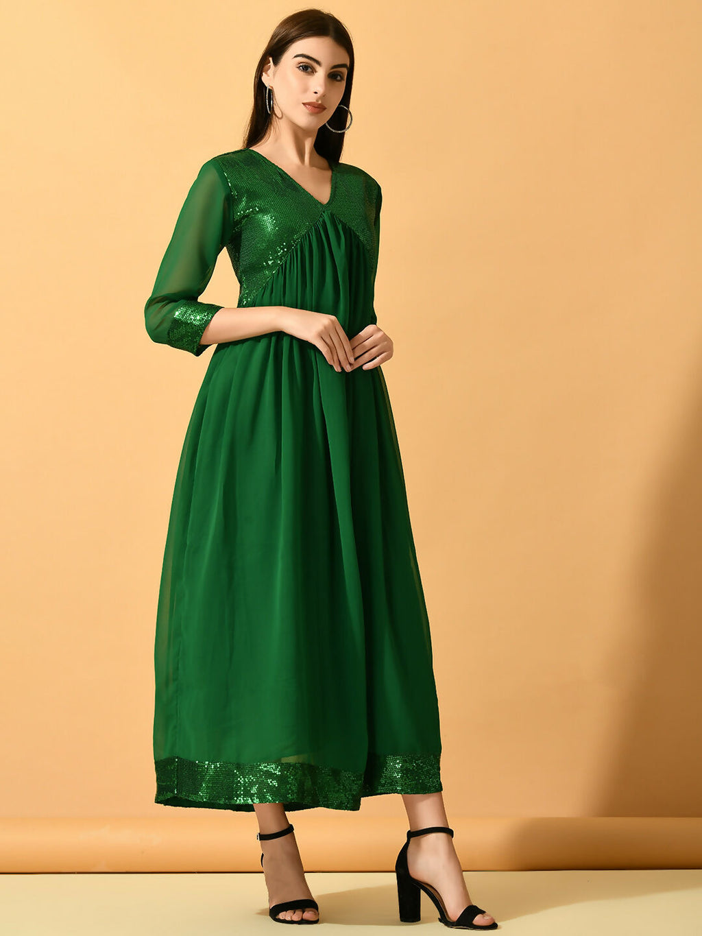 Myshka Women's Green Fit and Flare Party Dress | Grocsy