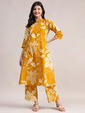 Aavyora Women's Mustard Yellow & White Floral Printed Cotton Co-Ord Set | Grocsy