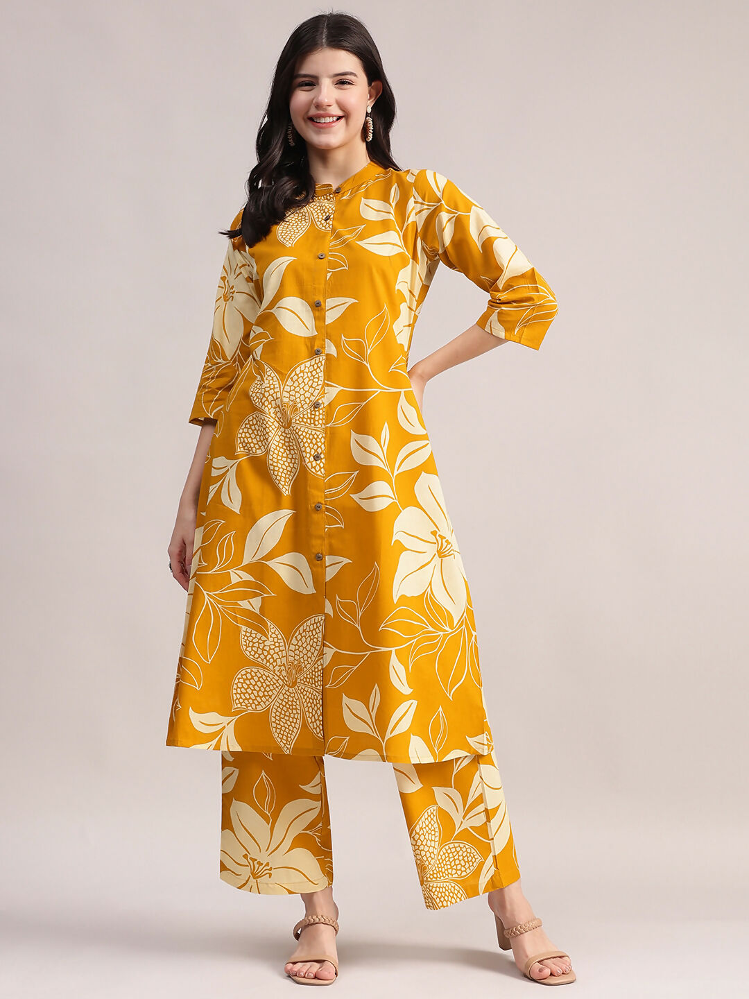Aavyora Women's Mustard Yellow & White Floral Printed Cotton Co-Ord Set | Grocsy