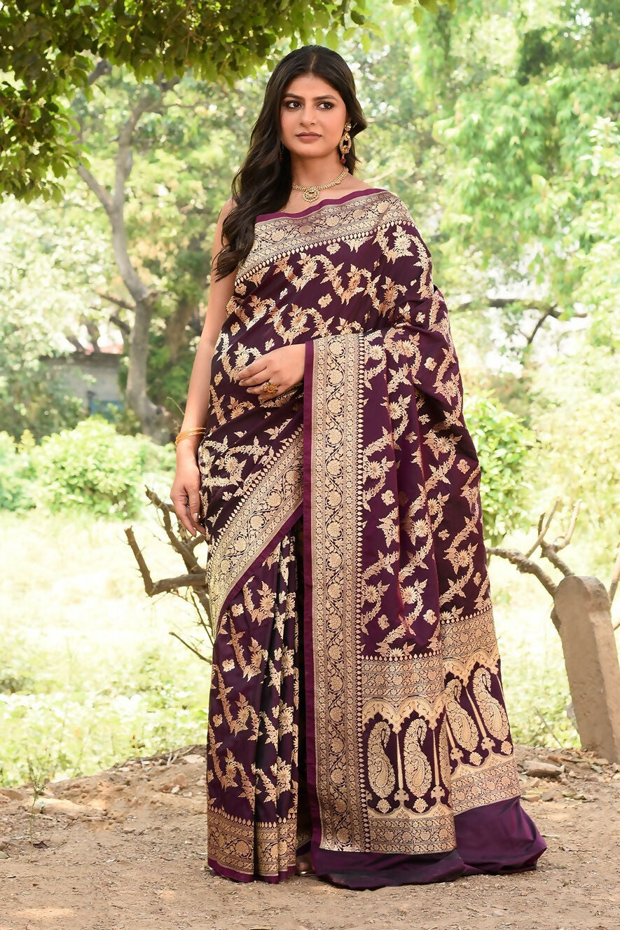 Joban Fashion Wine Banarasi Soft Pure Handloom Banarasi Silk Saree | Grocsy
