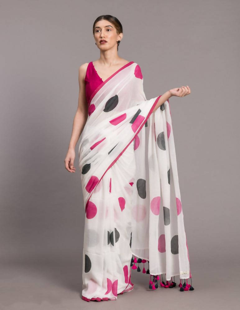 Suta White Pink Polka Dot Printed Pure Cotton Saree | Grocsy
