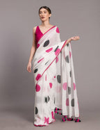 Suta White Pink Polka Dot Printed Pure Cotton Saree | Grocsy