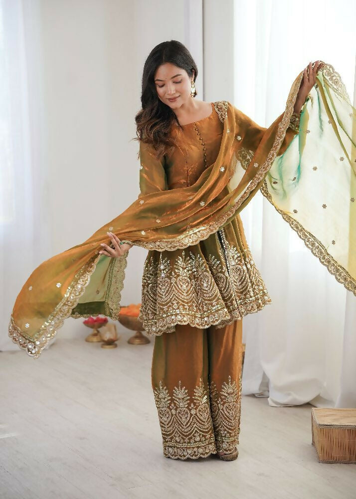 Teeya Creation Olive Color Fendy Satin Silk Embroidery Work Party Wear Salwar Suit | Grocsy
