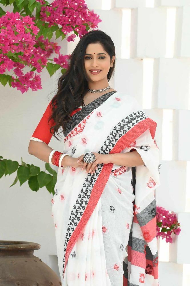 Beatitude White Cotton Tangail Saree | Grocsy