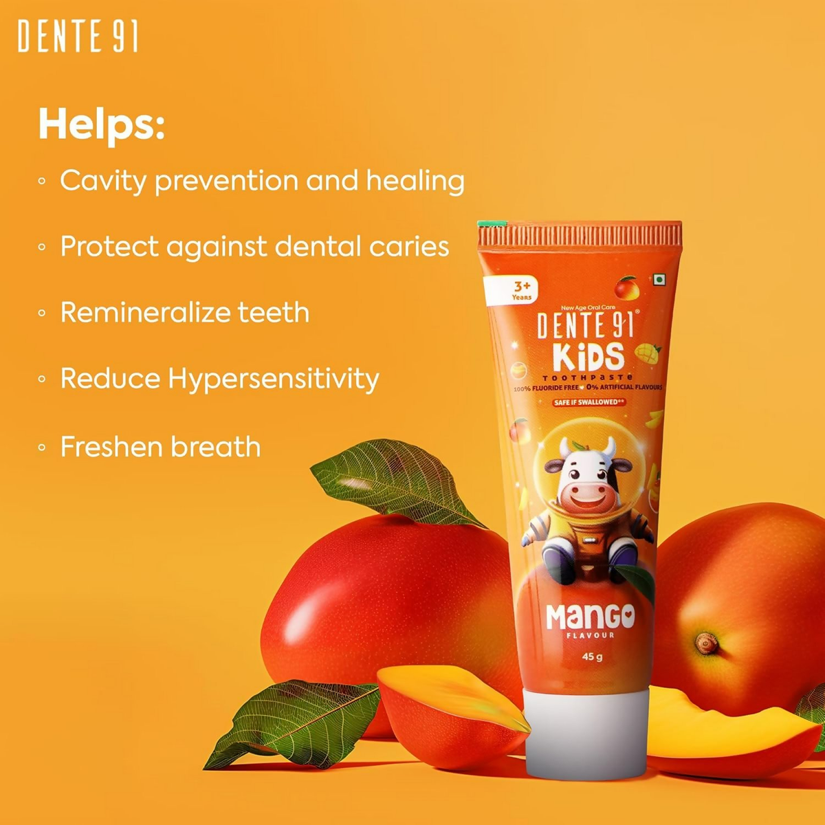 Dente91 Kids Toothpaste Protects Against Dental Caries & Hypersensitivity Fluoride Free, Mango Flavour | Grocsy