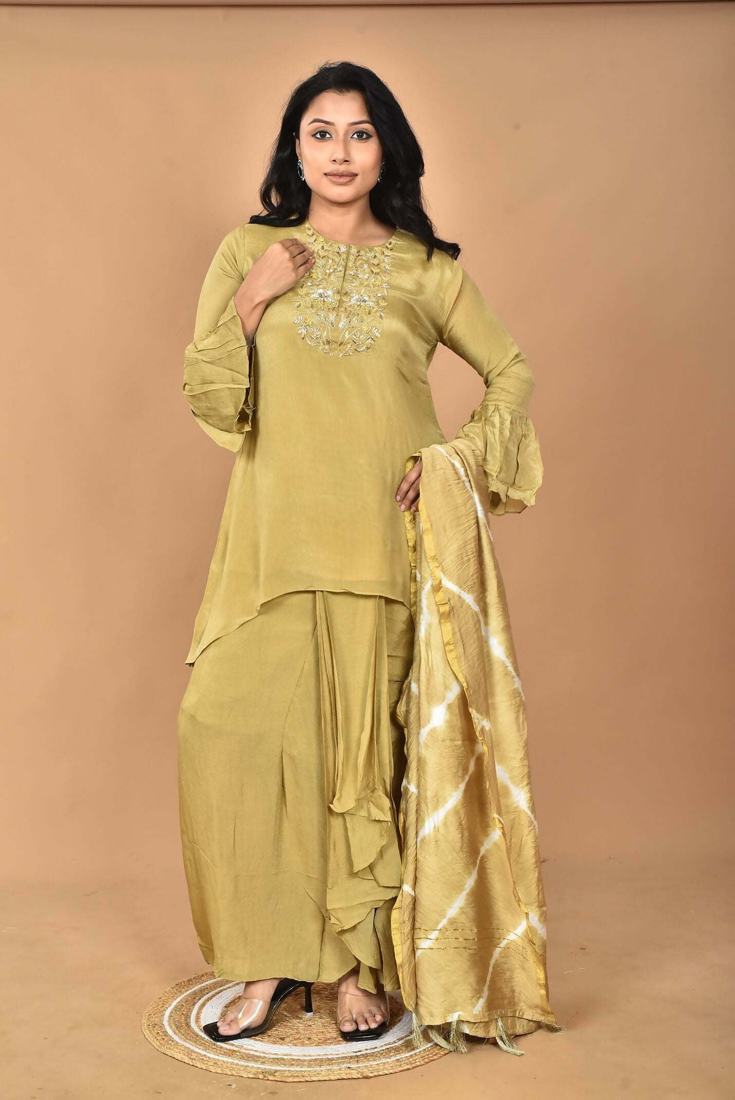 Morchari Women And Hand Embroidery Palazzo Set-Mehandi Green | Grocsy